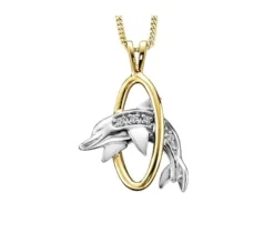PENDENTIF DAUPHIN EN OR 10K 2 TONS SERTI DE DIAMANTS
