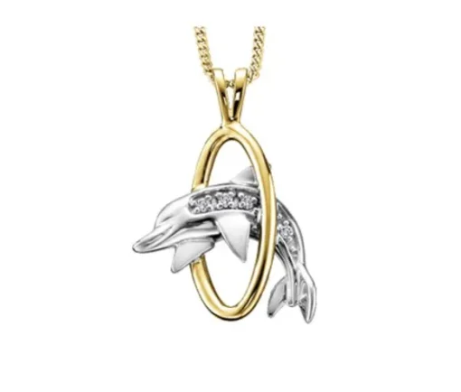 PENDENTIF DAUPHIN EN OR 10K 2 TONS SERTI DE DIAMANTS