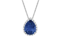 PENDENTIF EN OR 10K BLANC SERTI DpiUN SAPHIR DE LABORATOIRE ET DE DIAMANTS