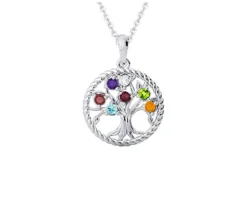 PENDENTIF FAMILIAL ARBRE DE VIE EN OR 10K BLANC SERTI DE 2 À 7 PIERRES VÉRITABLES