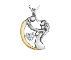 PENDENTIF MÈRE ET ENFANT EN ARGENT ET OR 10K JAUNE SERTI DpiUN ZIRCON BLANC DANSANT ET DpiUN DIAMANT