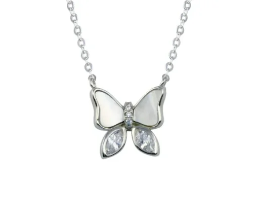 PENDENTIF PAPILLON EN ARGENT RHODIÉ SERTI DE NACRE DE PERLE ET DE CUBIQUES ZIRCONIAS