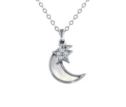 PENDENTIF ÉTOILE ET LUNE EN ARGENT RHODIÉ SERTI DE CUBIQUES ZIRCONIAS ET DE NACRE DE PERLE