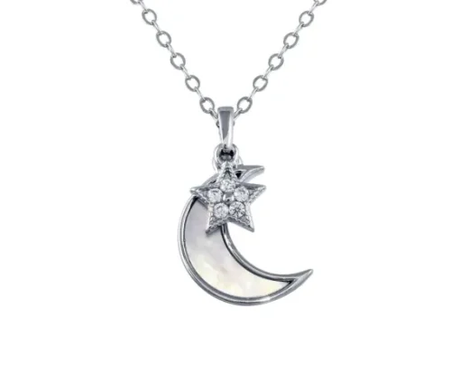PENDENTIF ÉTOILE ET LUNE EN ARGENT RHODIÉ SERTI DE CUBIQUES ZIRCONIAS ET DE NACRE DE PERLE
