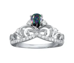 SUPERBE BAGUE STYLE COURONNE EN ARGENT RHODIÉ SERTIE DpiUN TOPAZE MYSTIQUE SYNTHÉTIQUE ET DE CUBIQUES ZIRCONIAS